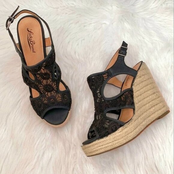 LUCKY BRAND Crochet Cut Out Riedel Ranette Wedge Sandals- Black - Picture 1 of 9